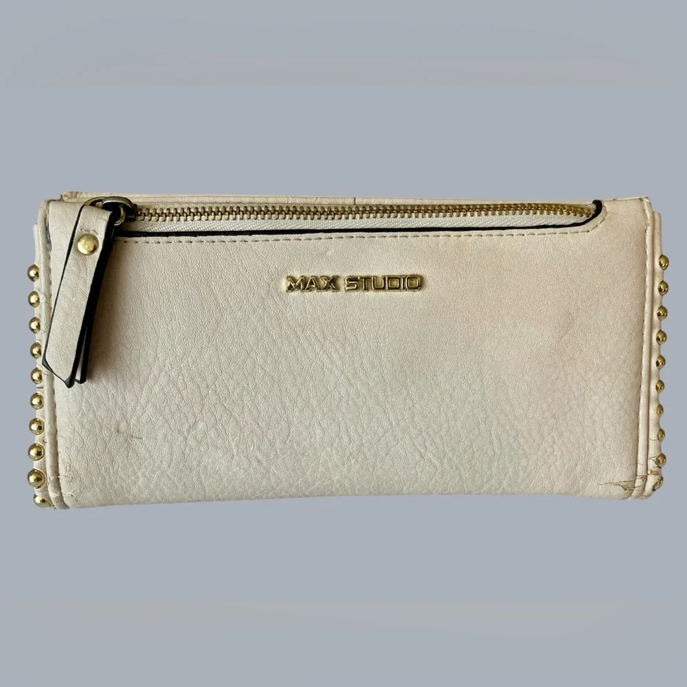 Max Studio Cream/Beige Bifold with Gold Stud Accents